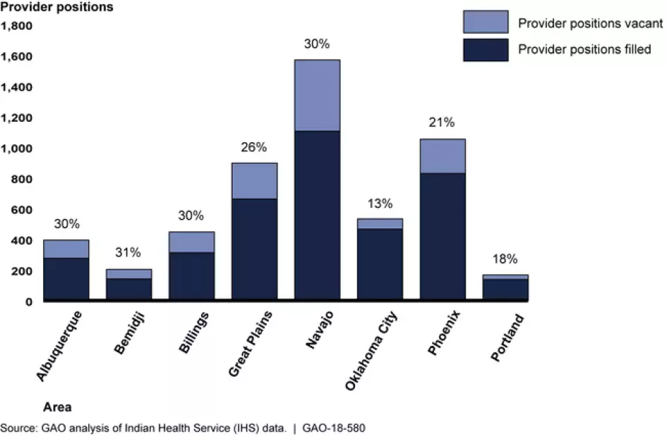 Bar chart showing the number of providers and the provider vacancy rate in each Indian Health Service Area as of 2017.
