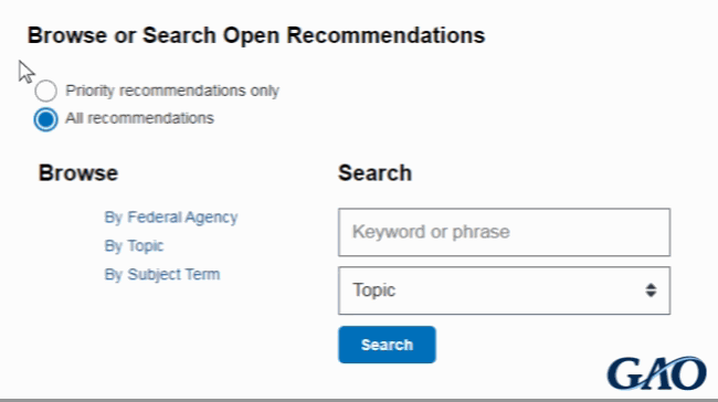 Illustration showing how to find recommendations on GAO's website