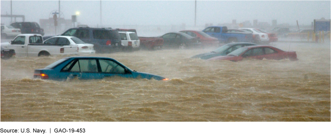 Photo of cars partially submerged in flood waters 