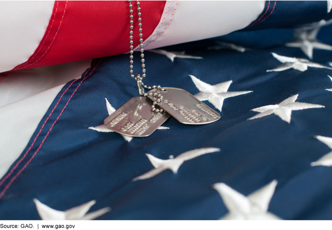 American flag with military identification tags.