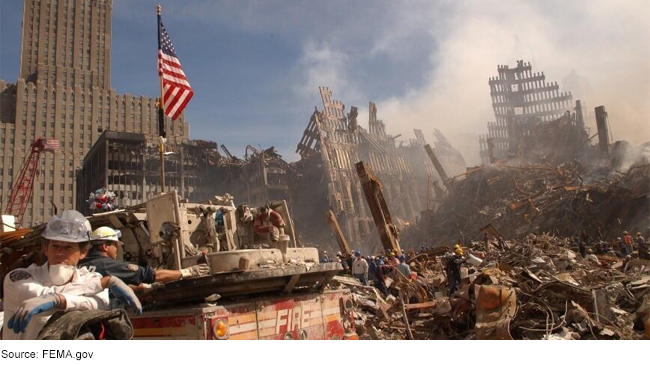 Workers in the rubble of the World Trade Center