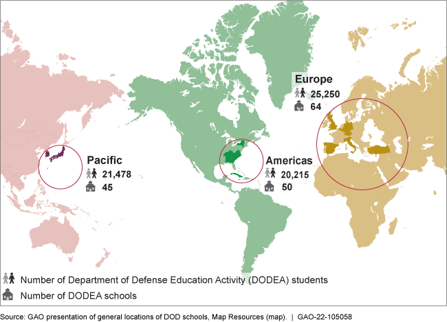World Map showing the location and number of DOD schools and students