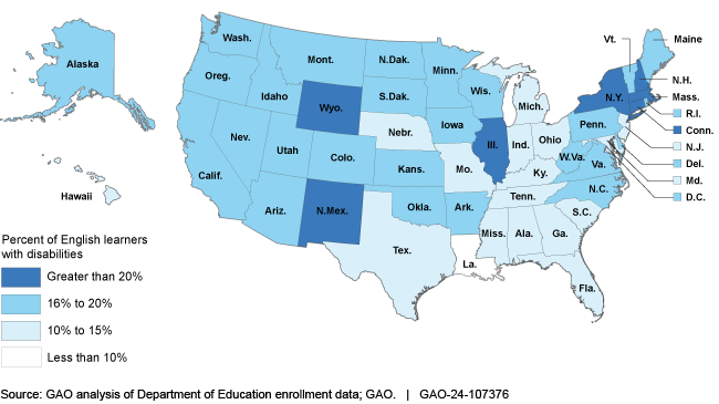 Map of the United States showing percentages of K-12 English learners with disabilities per state