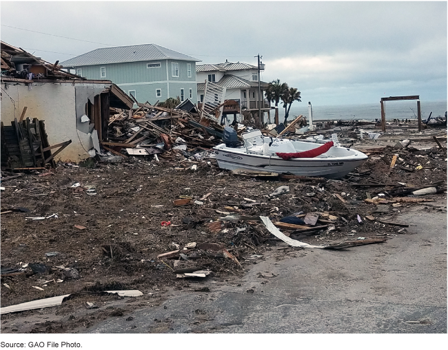 A motor boat stranded on dirt surrounded by housing debris 