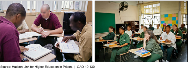 These are two photos of students in prison classrooms. The first is a class with men and the second is a class with women.