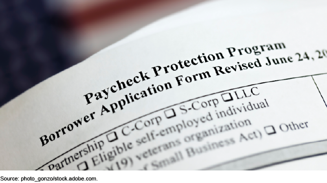 Close up of a Paycheck Protection Program borrower application form with an American flag in the background.