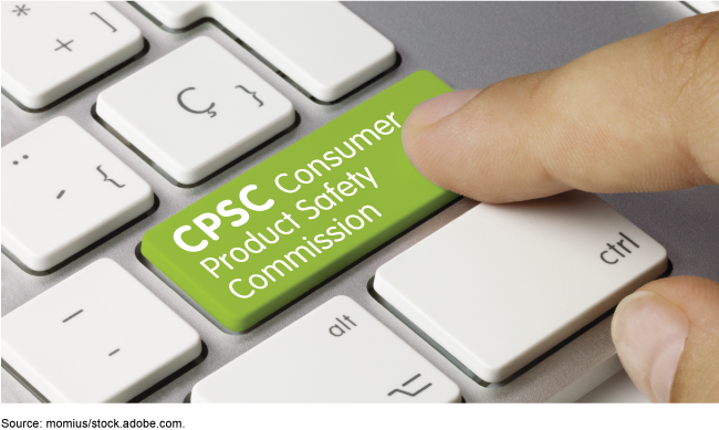 Close up of a person's hand pressing a button on a computer keyboard that says, "Consumer Product Safety Commission"