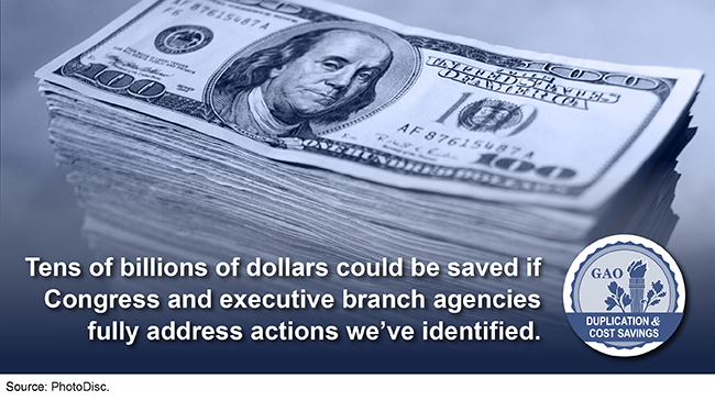 Photo of money stacked reading "Tens of billions of dollars could be saved if Congress and executive branch agencies fully address actions we've identified."
