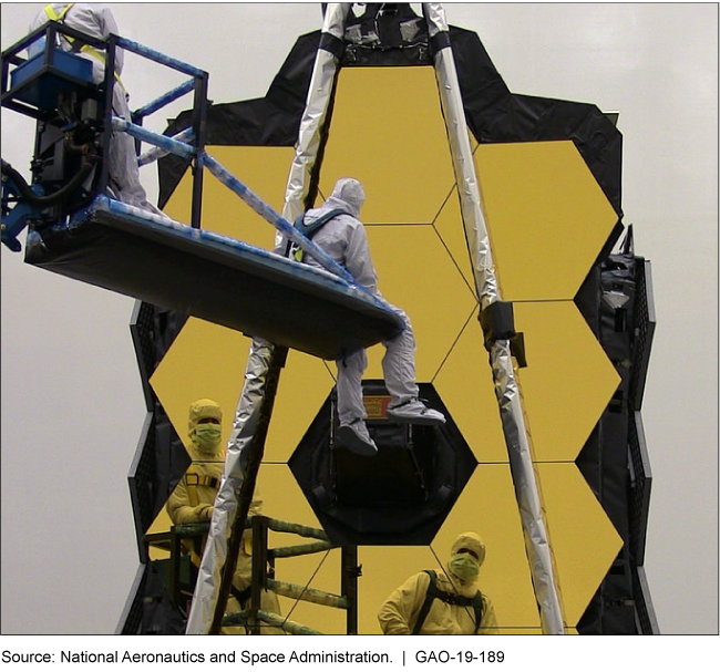 Photo of technicians on scaffolding, working on JWST's primary mirror which is made up of smaller mirrors. 