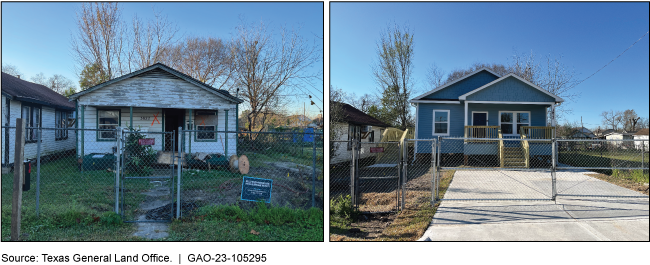 Photos of two houses on the same lot, before and after repairs. The house on the left is hurricane-damaged. The house on the right is a new-looking house on the same lot.