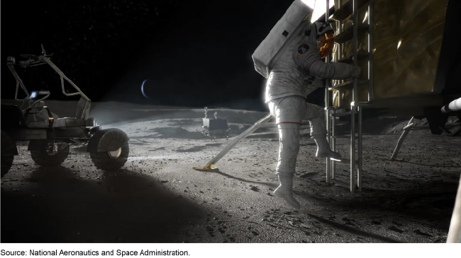 A digital rendition of an astronaut stepping onto the moon from a lunar lander, with a lunar rover behind them.