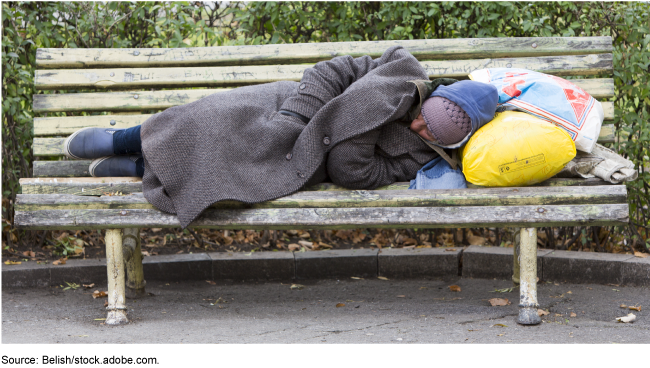 A person experiencing homelessness sleeping on a public bench. 
