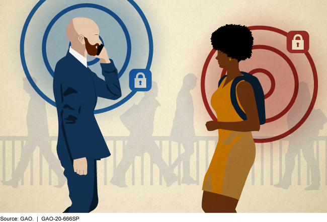 Illustration of two people and the signals emanating from their cellphones.