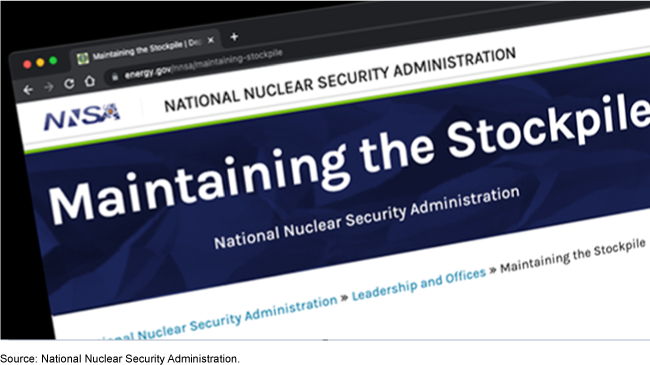 An image of the National Nuclear Security Administration's webpage about maintaining the nuclear stockpile.