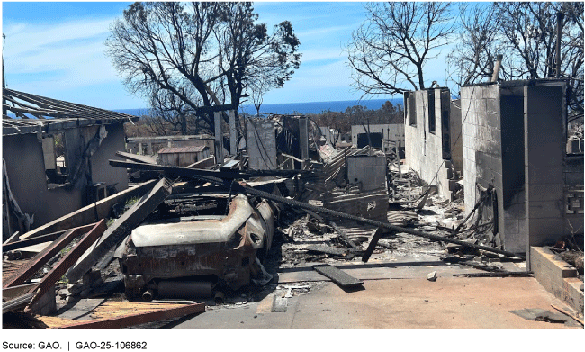 Burned debris of a house and car.