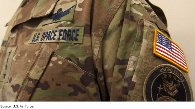 A close up of a servicemember wearing the U.S. Space Force uniform