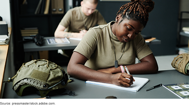 Soldiers in a classroom working in notebooks