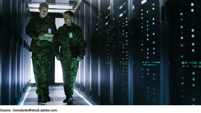 Two people wearing military fatigues walking through a computer server room