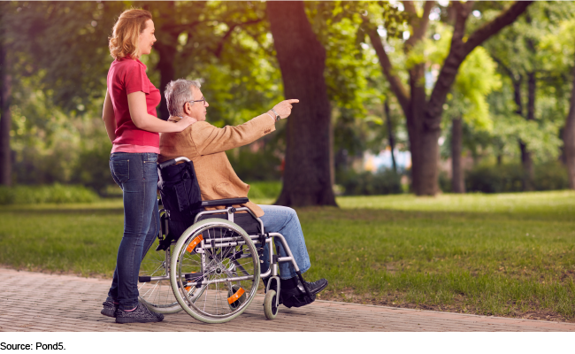 A woman and a man who uses a wheelchair look off into the distance in a park-like setting.