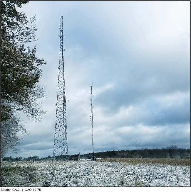 Photograph of cell tower in a snowy field.