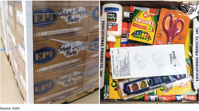Two side by side images, one showing boxes labeled school supplies, the other showing assorted school supplies such as glue sticks and crayons.