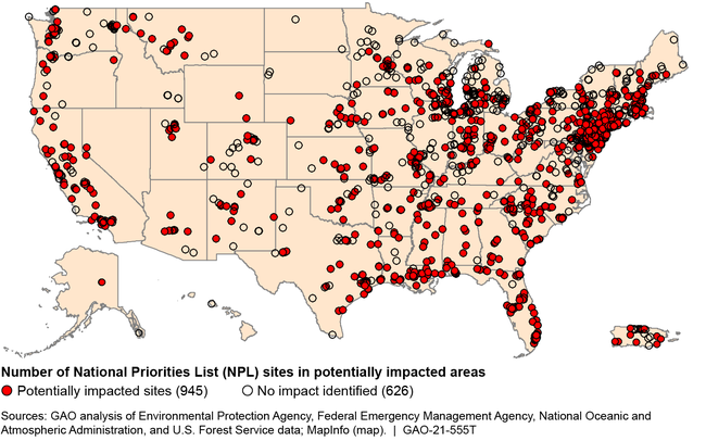 Nonfederal NPL Sites Located in Areas That May Be Impacted by Flooding, Storm Surge, Wildfires, or Sea Level Rise, as of 2019