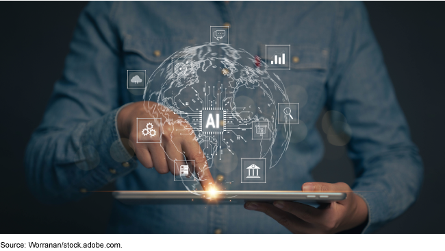 Man holding tablet with AI graphic overlayed