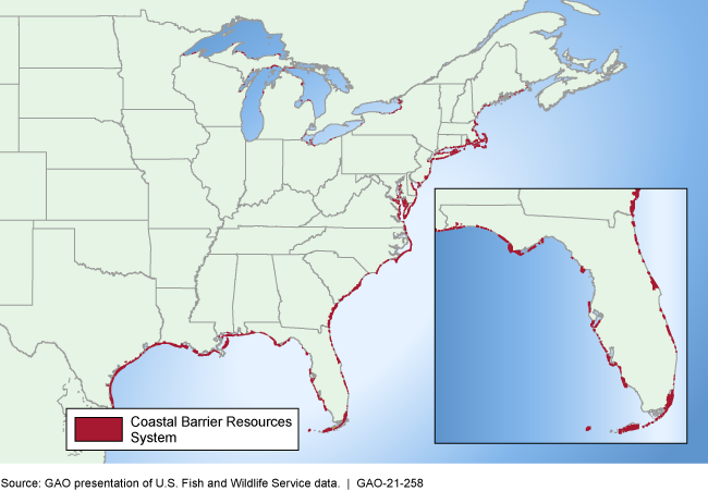 Map of the United States outlining the Coastal Barrier Resources System. 