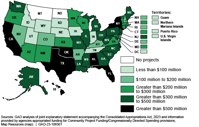 Map of the U.S. color coded to show where funding went by state. 