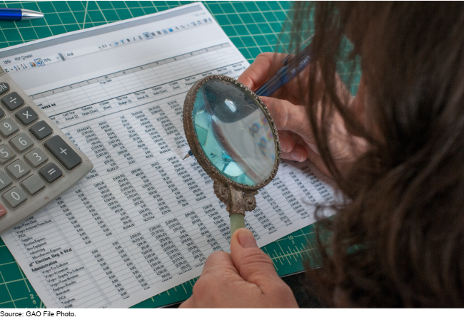 A person uses a magnifying glass to review financial data