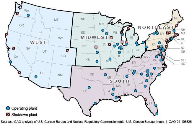 Map of the lower United States showing the operating and shutdown nuclear power plants locations.