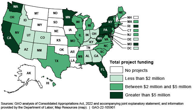 A map of the the U.S. showing where DOL's FY 2022 project funding was allocated.