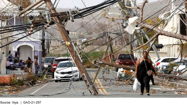 A woman walking in the middle of a street with broken utility poles and downed powerlines caused by Hurricane Maria