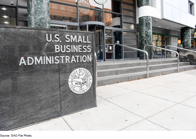 Sign in the front of the U.S. Small Business Administration with the agency's name and official seal
