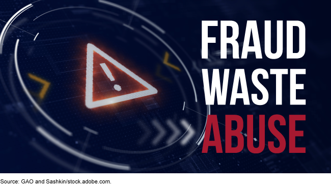 A graphic with an alert triangle and text which reads: Fraud, Waste, Abuse. 