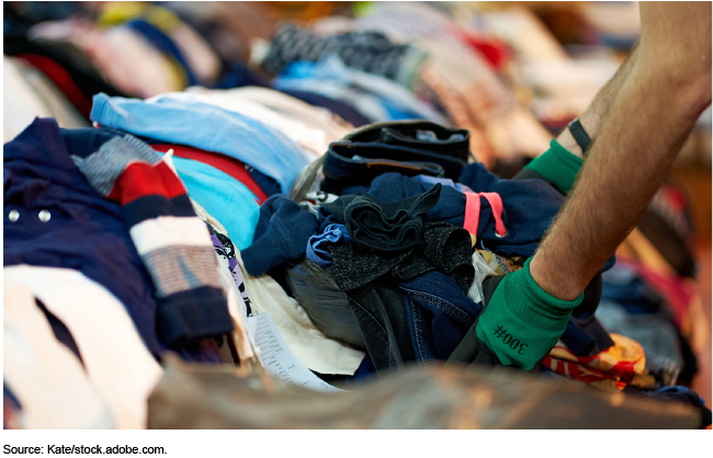 Person wearing gloves sorting clothing items