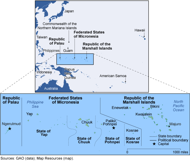 Map showing the locations of Micronesia, the Marshall Islands, and Palau. 