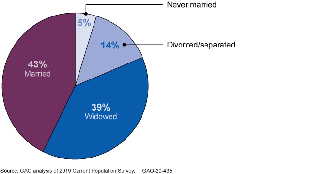 Pie chart showing 43% married, 5% never married, 14% divorced or separated, and 39% widowed.