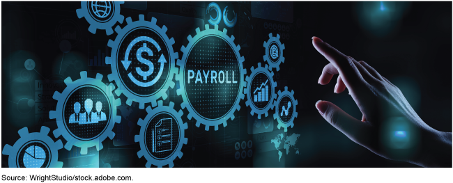image of hand touching a virtual payroll screen
