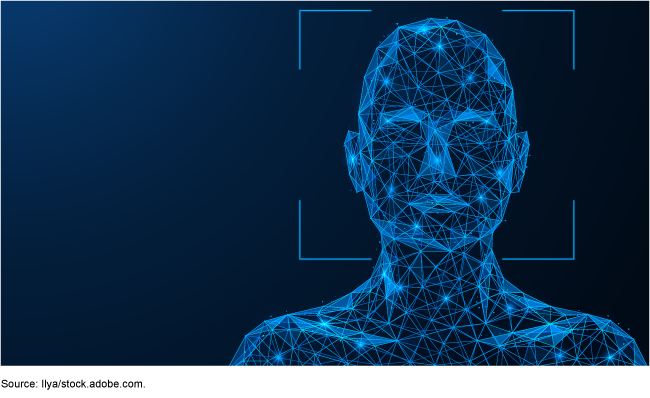 An image showcasing the blue, digital outline of a human being with a box resembling those used for facial recognition outlining the head. 