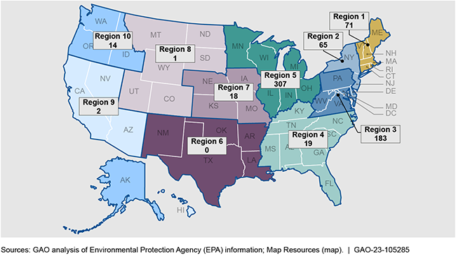 National map of EPA regions with combined sewer overflows
