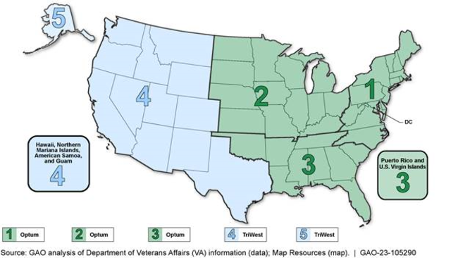 U.S. map showing that Optum covers the eastern states and TriWest covers the western states.