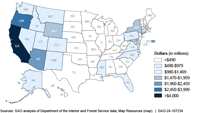Map of the U.S. showing deferred maintenance costs by state in fiscal year 2022.