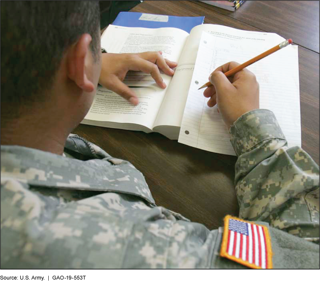 Photo of a veteran writing notes in a book.
