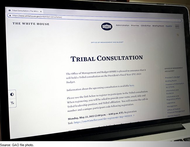 A laptop showing the White House's Tribal Consultation webpage 