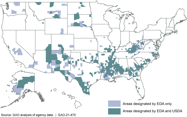 U.S. map showing areas of persistent poverty designated by EDA only versus by EDA and USDA.
