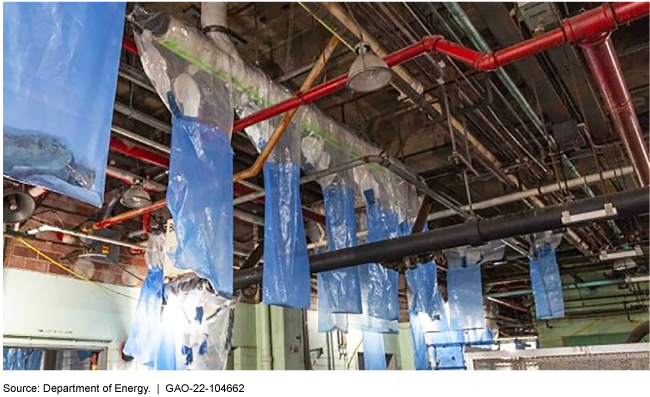 plastic bags hanging down from exposed pipes in the ceiling of a building