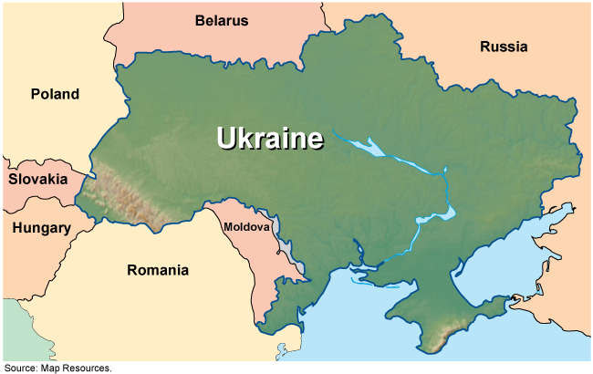 map of Ukraine and its borders with Russia, Belarus, Poland, Slovakia, Hungary, Romania, and Moldova