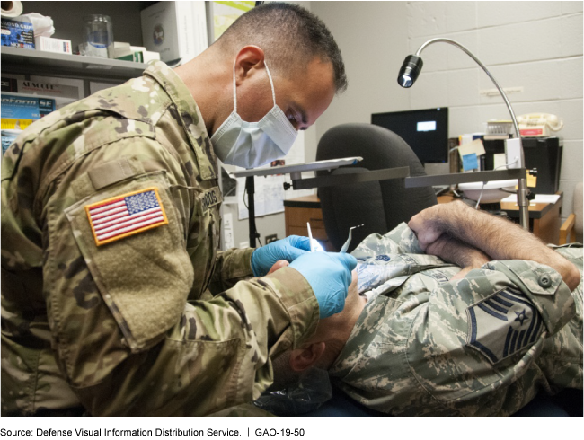 Photo of servicemember receiving dental care from a military dentist.