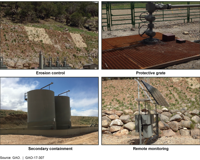 Photos of erosion control, a protective grate, secondary containment, and remote monitoring.
